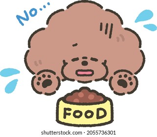 Vector illustration of a toy poodle dog not eating dog food. Poor health, lack of appetite.