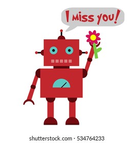 Vector illustration of a toy Robot with flower and text I miss you!