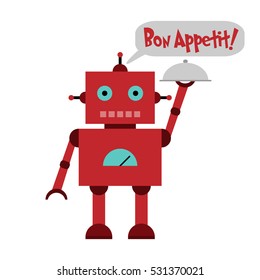 Vector illustration of a toy Robot with plate and text Bon Appetit!