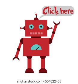 Vector illustration of a toy Robot and text Click here!