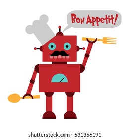 Vector illustration of a toy Robot  in toque with mustache, spoon, fork and text Bon Appetit!