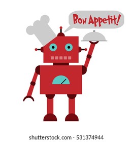 Vector illustration of a toy Robot in toque with plate and text Bon Appetit!