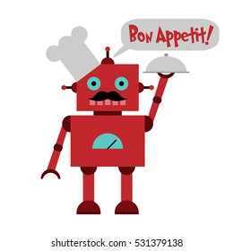 Vector illustration of a toy Robot in toque with mustache, plate and text Bon Appetit!