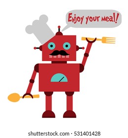 Vector illustration of a toy Robot in toque with fork, spoon and text Enjoy your meal!