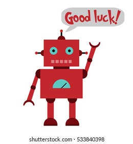 Vector illustration of a toy Robot with wrench, hammer and text Good luck!