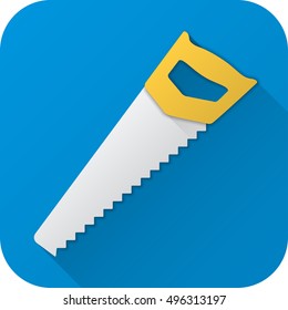 Vector illustration. Toy saw in flat design with long shadow. Square shape icon in simple design. Icon vector size 1024 corner radius 180