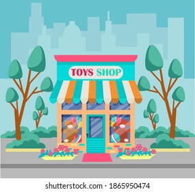 Vector Illustration Of A Toy Store. Illustration Of The Exterior Facade Of The Store Building In The City. The Facade Of A Toy Shop. Vector Illustration In Flat Style