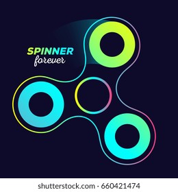 Vector illustration of toy for stress relief annealing. Creative concept of multicolor fidget spinner with track of rotation and text on black background. Thin line art design of stylish hand spinner