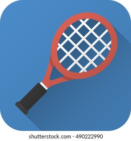 Vector illustration. Toy tennis racket in flat design with long shadow. Square shape icon in simple design. Icon vector size 1024 corner radius 180