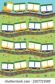 Ilustración vectorial de un tren de juguete, tren de dibujos animados, fondo para tarjetas de felicitación, álbum infantil o foto