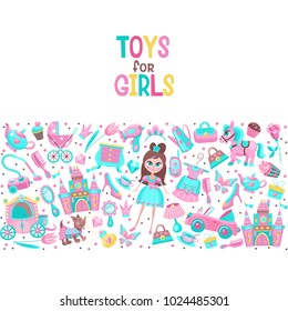 Vector illustration. Toys and accessories for girls. In pink. A large set of cliparts. Convertible, Princess dress, fairy castle, doggy, furniture, dishes, stroller and more for little princesses.