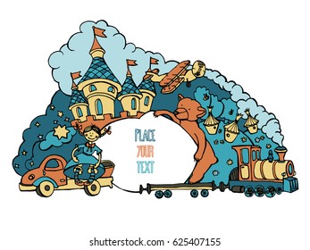 Vector illustration, toys background with place for your text. Bright color, Cartoon castle, bear, train, airplane and doll. Isolated.
