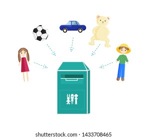 Vector Illustration of Toys Bin or Donation Container with Different Types of Toys. Flat Design of Recycling Container. Social Care and  Charity Concept