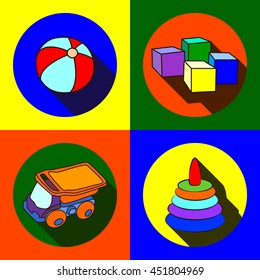 Vector illustration toys for children icons flat.