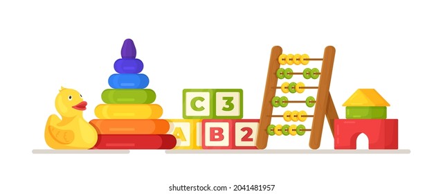 Vector illustration of toys concept. Children's supplies to play with.