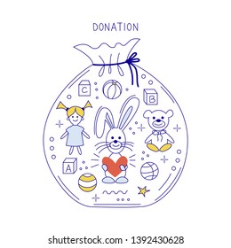Vector Illustration of toys donation. Charity hand drawn concept. Vector color illustration.
