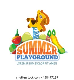 Vector illustration of toys, little pony on a spring and children hills on playground. Pictures isolate on white background
