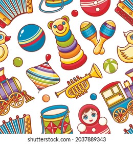 Vector illustration of toys and musical instruments for children seamless pattern