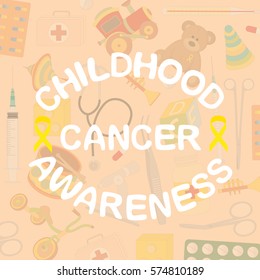 vector illustration of toys and tablets on the theme of childhood cancer awareness