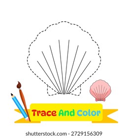 Vector illustration of a trace and color worksheet featuring a seashell outline for kids