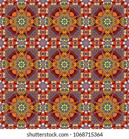 Vector illustration. Tracery seamless pattern in Mehndi style. Curved doodling background. Ethnic colorful doodle texture in orange, gray and brown colors.