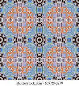 Vector illustration. Tracery seamless pattern in Mehndi style. Ethnic colorful doodle texture in blue, gray and orange colors. Curved doodling background.
