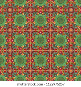 Vector illustration. Tracery seamless pattern. Mehndi design. Ethnic binary doodle texture. Curved doodling in pink, green and brown colors.