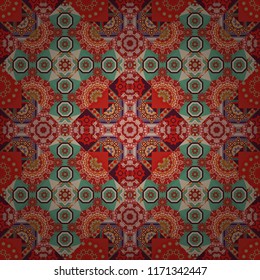 Vector illustration. Tracery seamless pattern. Mehndi design. Ethnic binary doodle texture. Curved doodling in brown, red and green colors.