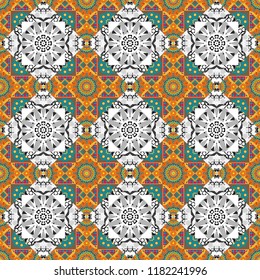 Vector illustration. Tracery seamless pattern. Mehndi design. Ethnic binary doodle texture. Curved doodling in white, orange and gray colors.