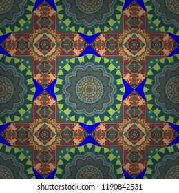 Vector illustration. Tracery seamless pattern. Curved doodling in blue, green and brown colors. Mehndi design. Ethnic binary doodle texture.