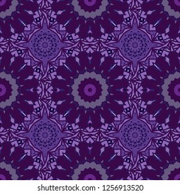 Vector illustration. Tracery seamless pattern in Mehndi style. Ethnic colorful doodle texture in violet, blue and brown colors. Curved doodling background.
