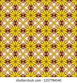 Vector illustration. Tracery seamless pattern in Mehndi style. Ethnic colorful doodle texture in orange, yellow and white colors. Curved doodling background.