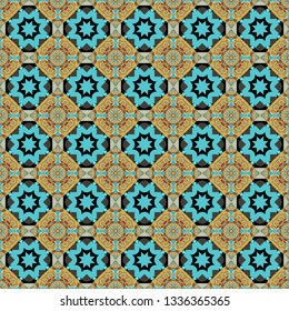 Vector illustration. Tracery seamless pattern in Mehndi style. Ethnic colorful doodle texture in blue, gray and orange colors. Curved doodling background.