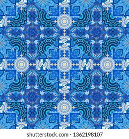 Vector illustration. Tracery seamless pattern in Mehndi style. Curved doodling background. Ethnic colorful doodle texture in black, blue and violet colors.