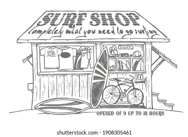 Vector illustration with traces in cartoon style of clothing store and surfboards. Art for posters, t-shirts and etc ...