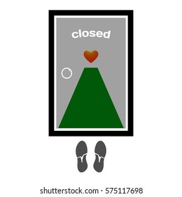 Vector illustration of traces of the closed door behind which the green carpet and red heart, flat style