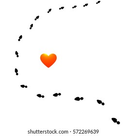 Vector illustration of traces human shoes placed around the flaming heart, flat style, info-graphics