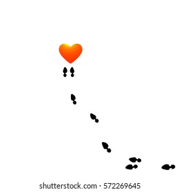 Vector illustration of traces human shoes placed around the flaming heart, flat style, info-graphics