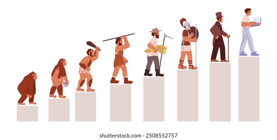 A vector illustration tracing the evolution of man. Illustrating the path from primitive cavemen and warriors to modern humans with advanced tools.