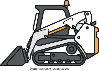 A vector illustration of a track loader, featuring a white body, gray tracks, and orange accents, designed in a clean, cartoon style.