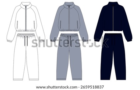 vector illustration of a track suit, white, gray and black colors. A collection of sketches of a high-necked windbreaker with a zipper and loose jogger pants with an elastic waistband.