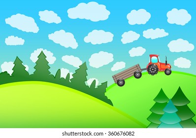 The vector illustration of the tractor and in the field and the forest