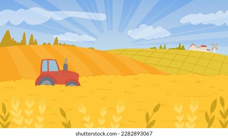 Vector illustration of a tractor in a field of wheat.