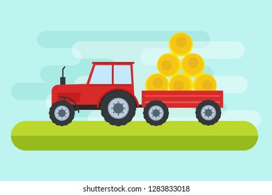 Vector illustration of  tractor working on farmed land in flat style. Tractor with  trailer full of straw. Vector illustration.