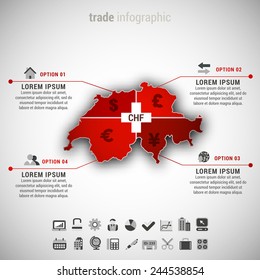 Vector illustration of trade infographic made of Swiss map and different currencies. Infographics illustrates new exchange rate between CHF and other currencies (Euro, Dollar, Yen, Pound).