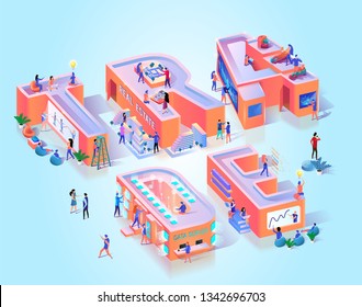 Vector Illustration Trade on Blue Background. Little Men and Women are in Big Letters. Office Workers Real Estate Discuss Building Layout. Man in Red Sweater Talking on Mobile Phone.