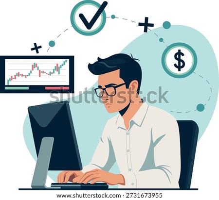 Vector illustration of a trader on a computer. Flat design, market analytics, stock charts, profit symbols. Suitable for financial websites, investment blogs, presentations