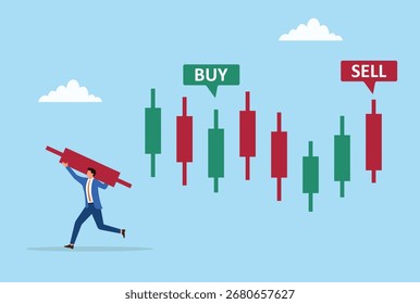 Ilustração vetorial de um comerciante fugindo de um gráfico de castiçal com uma barra vermelha, simbolizando perdas de mercado, risco e investimentos em declínio
