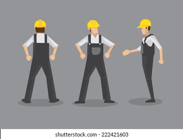 Vector illustration of a tradesman in construction industry. Full body front, profile and back views isolated on grey background.