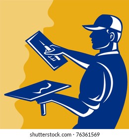 ilustración vectorial de un obrero comerciante en el trabajo realizado en estilo retro establecido dentro de un cuadrado